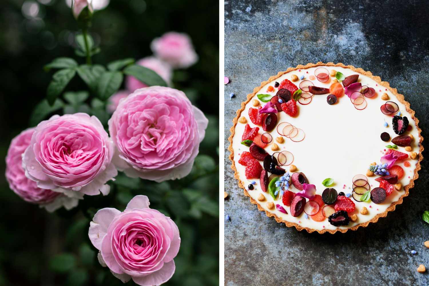 A grouping of flowers and a tart decorated with edible flowers and fruit