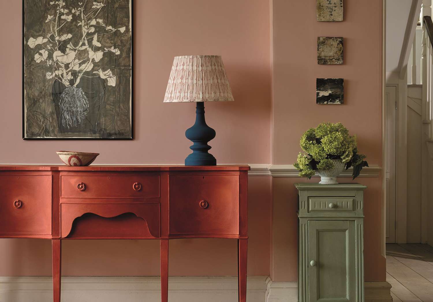 red room with red and green furniture