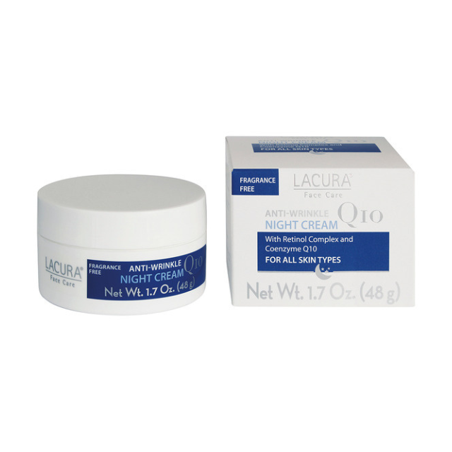 A jar and box of Lacura antiwrinkle night cream with Coenzyme Q10