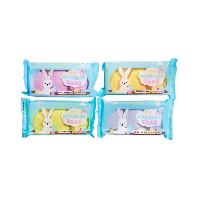 Four packages of marshmallow eggs with bunny designs on the packaging