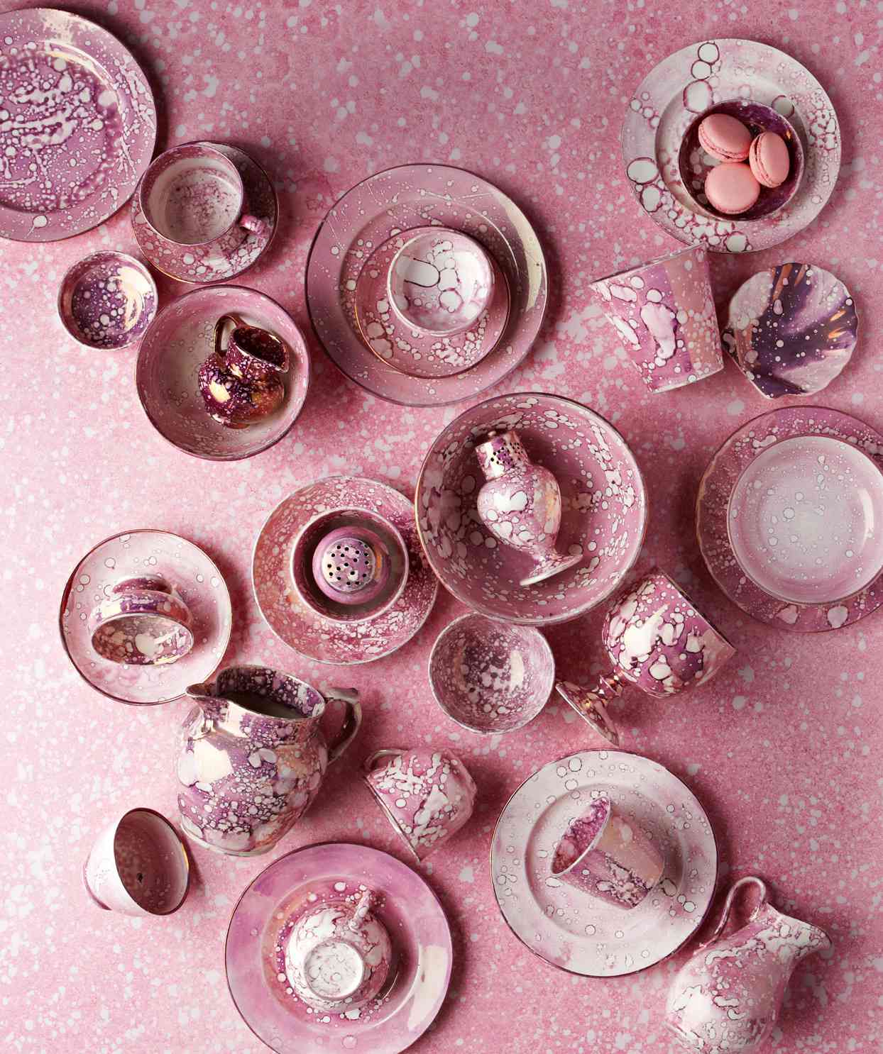 English pink spatter lusterware china on marbleized backdrop