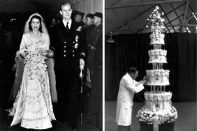 Elizabeth II and Philip Tomalin during their wedding adjacent is a tall ornate wedding cake being crafted
