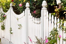 A wooden picket fence with flowers and foliage in a garden setting