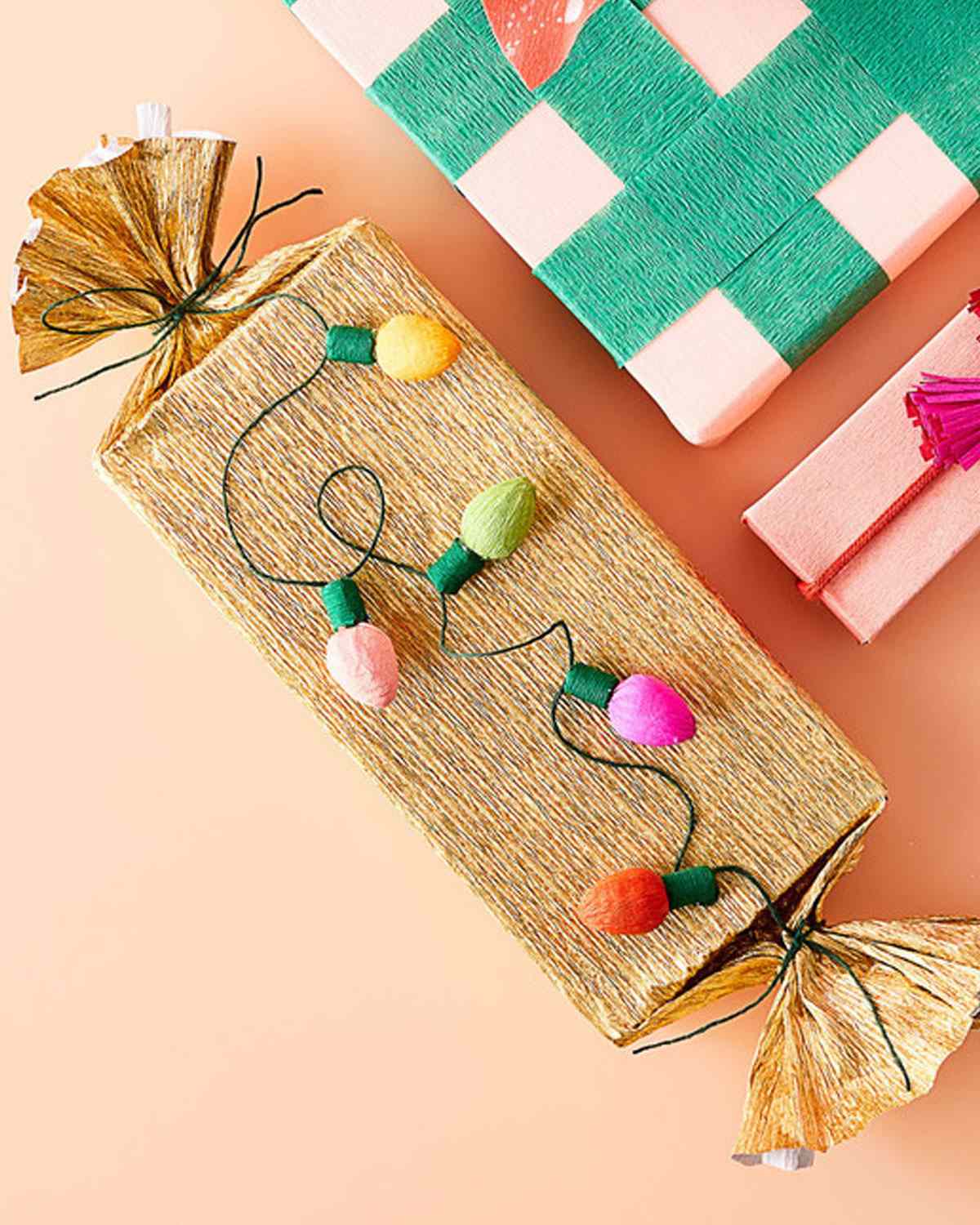 crepe paper string lights on wrapped present