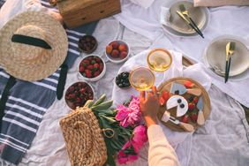 Picnic setup with food and drinks on a blanket outdoors featuring two glasses of a beverage being held up in a toast