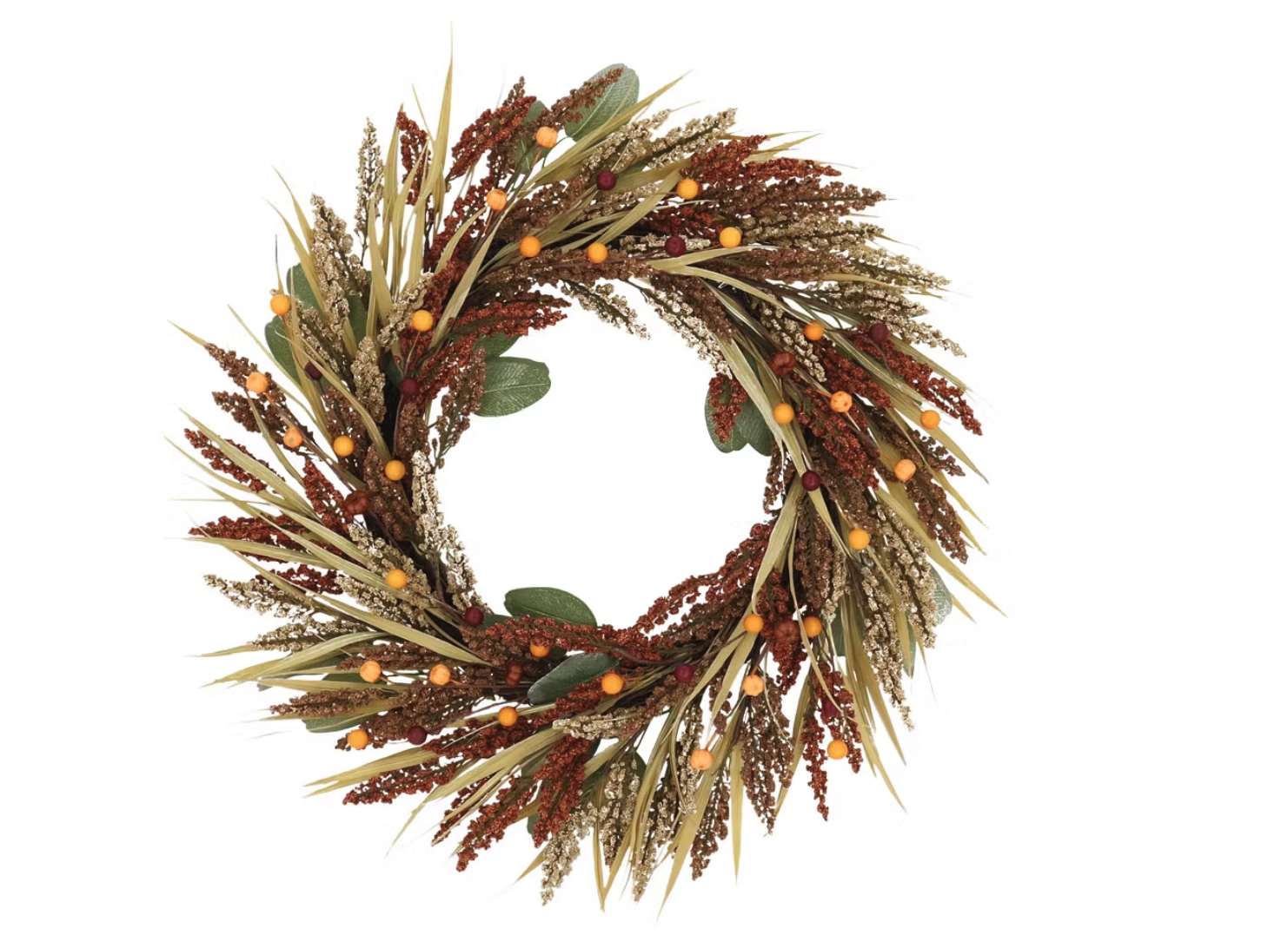 A decorative wreath made of dried botanicals and greenery shown on a white background