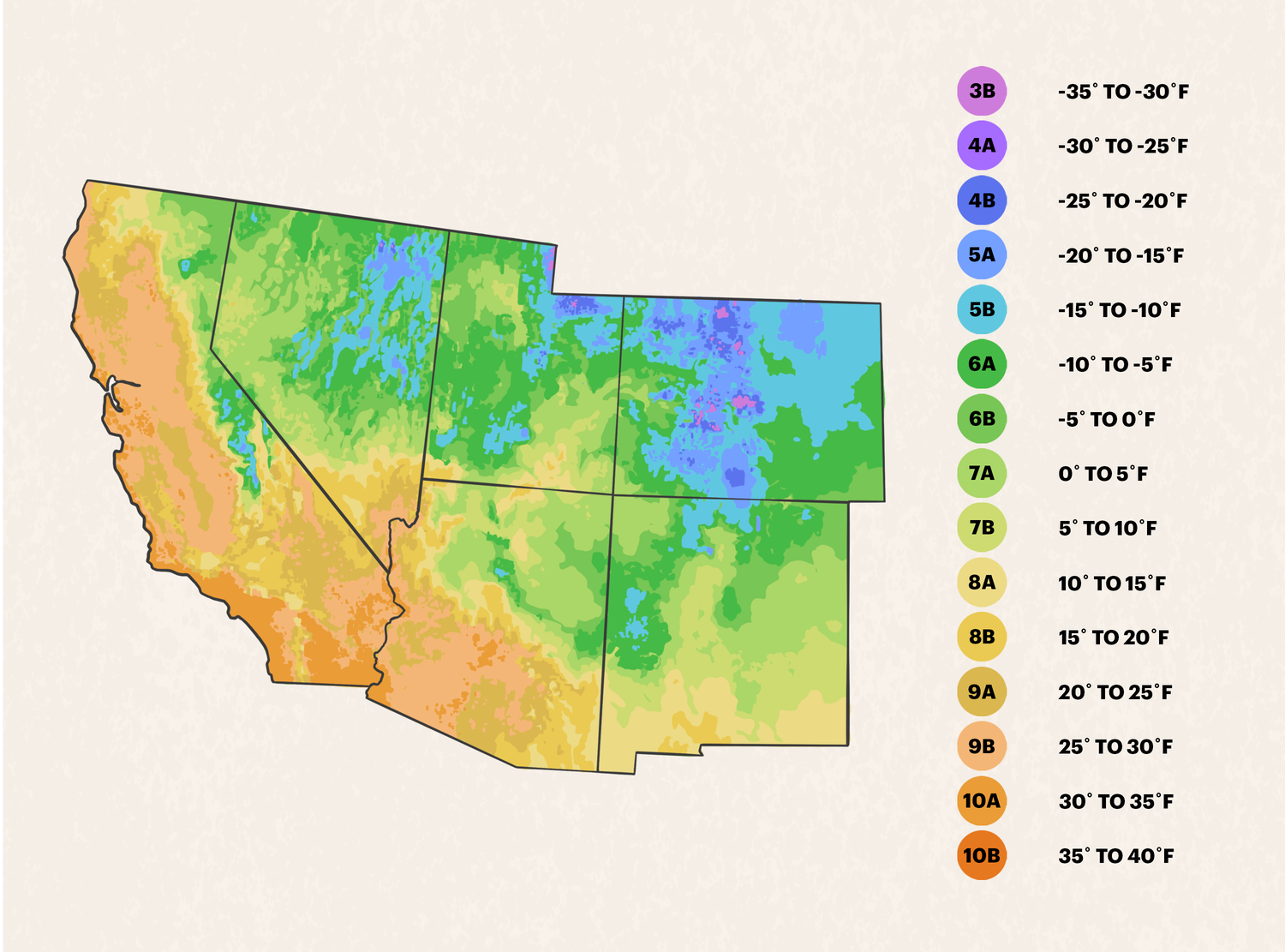 A plant hardiness zone map for the southwestern United States displaying temperature ranges with a color scale legend