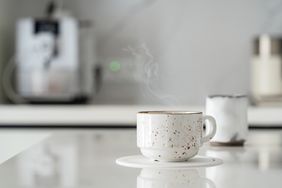 White coffee mug on kitchen counter