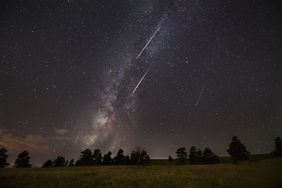 Starry sky with visible Milky Way and shooting stars above a silhouette of trees and grassland