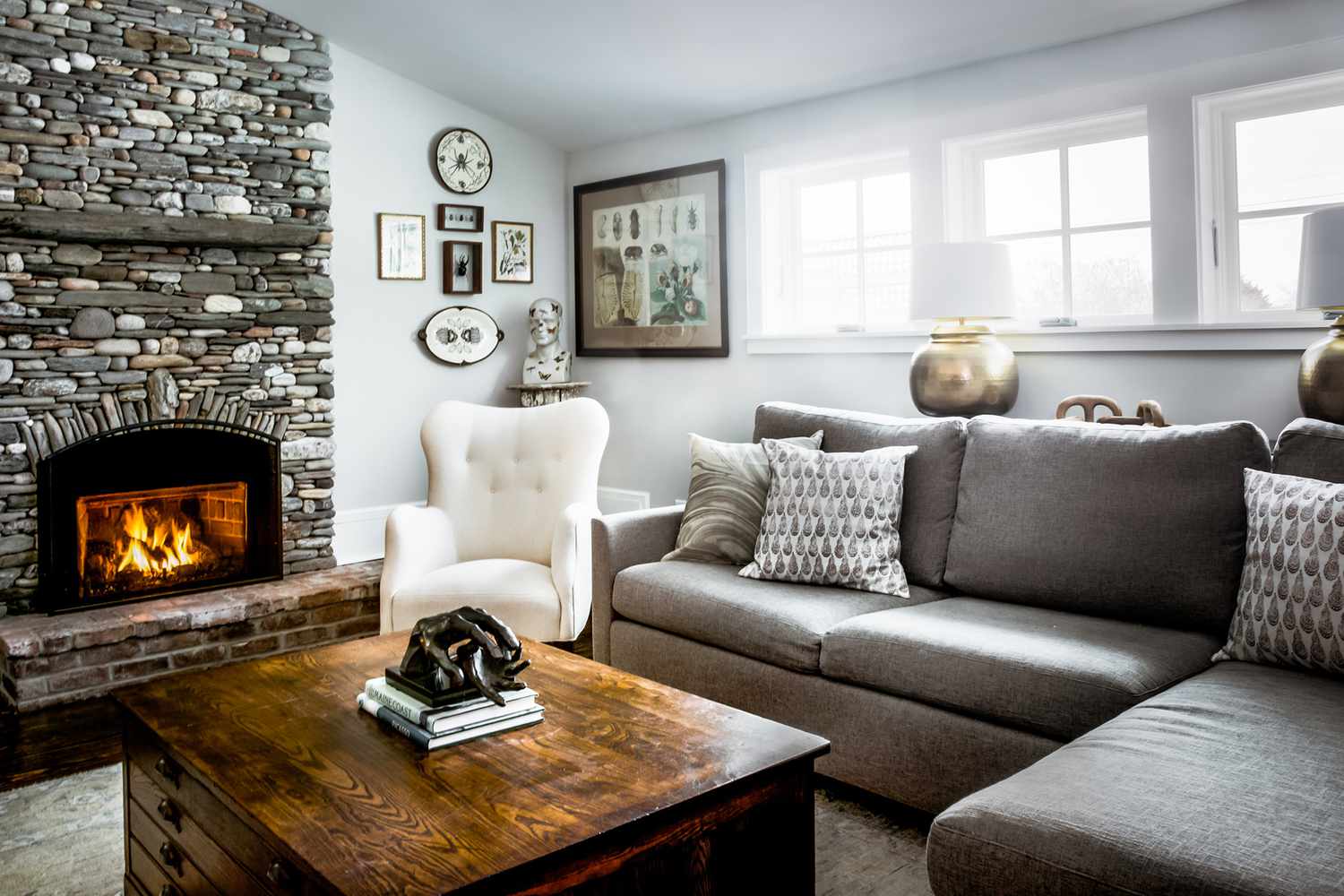 kettle cove home tour living room stone fireplace