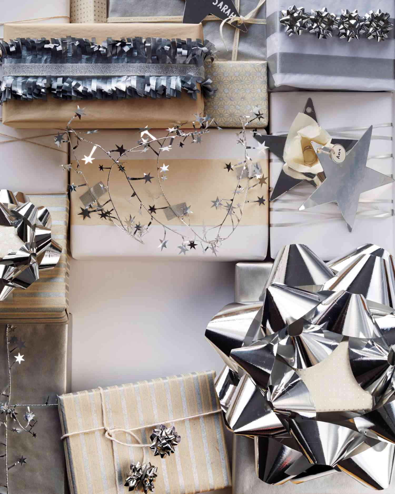 silver gift-wrapping and toppers