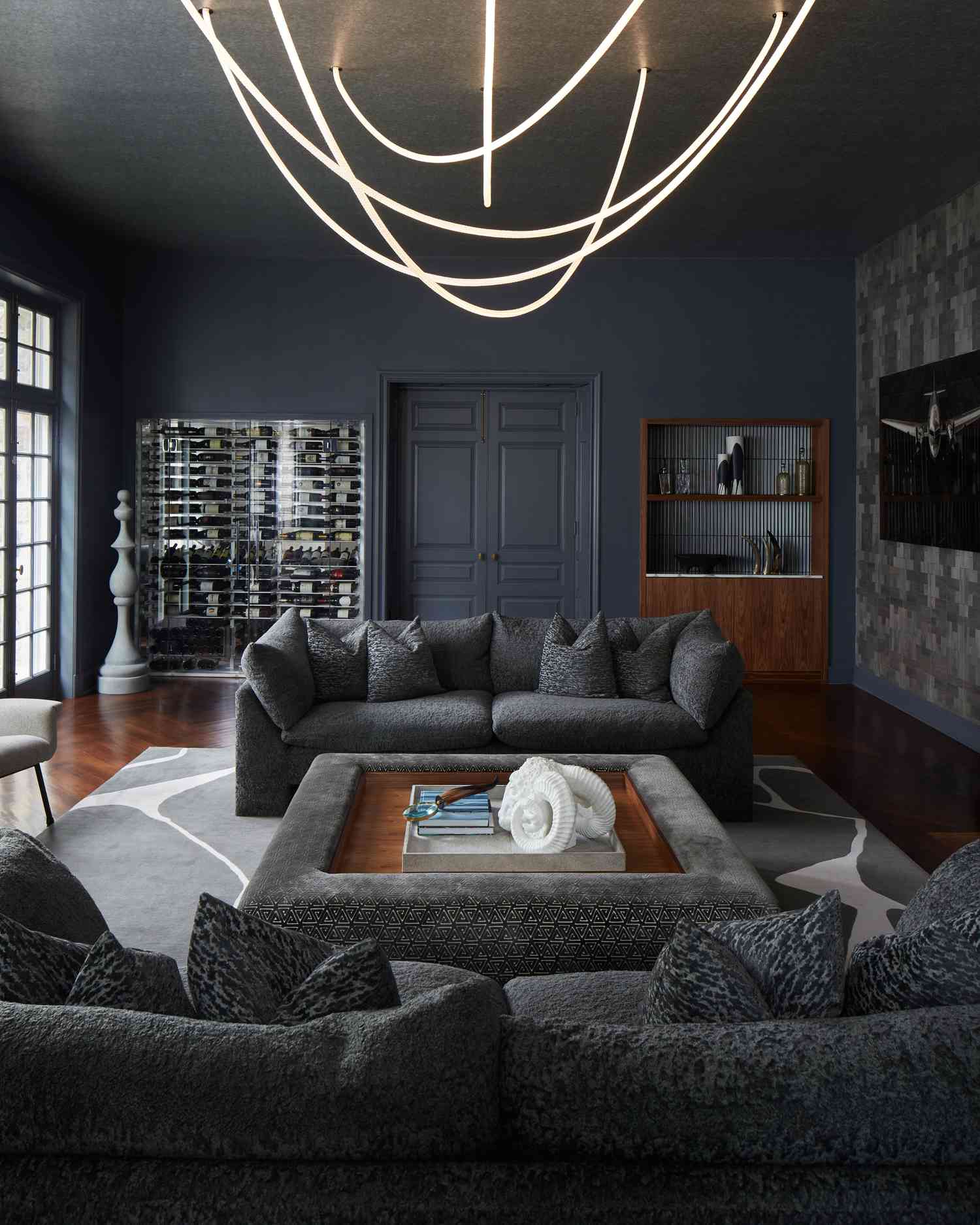 modern living room dark walls