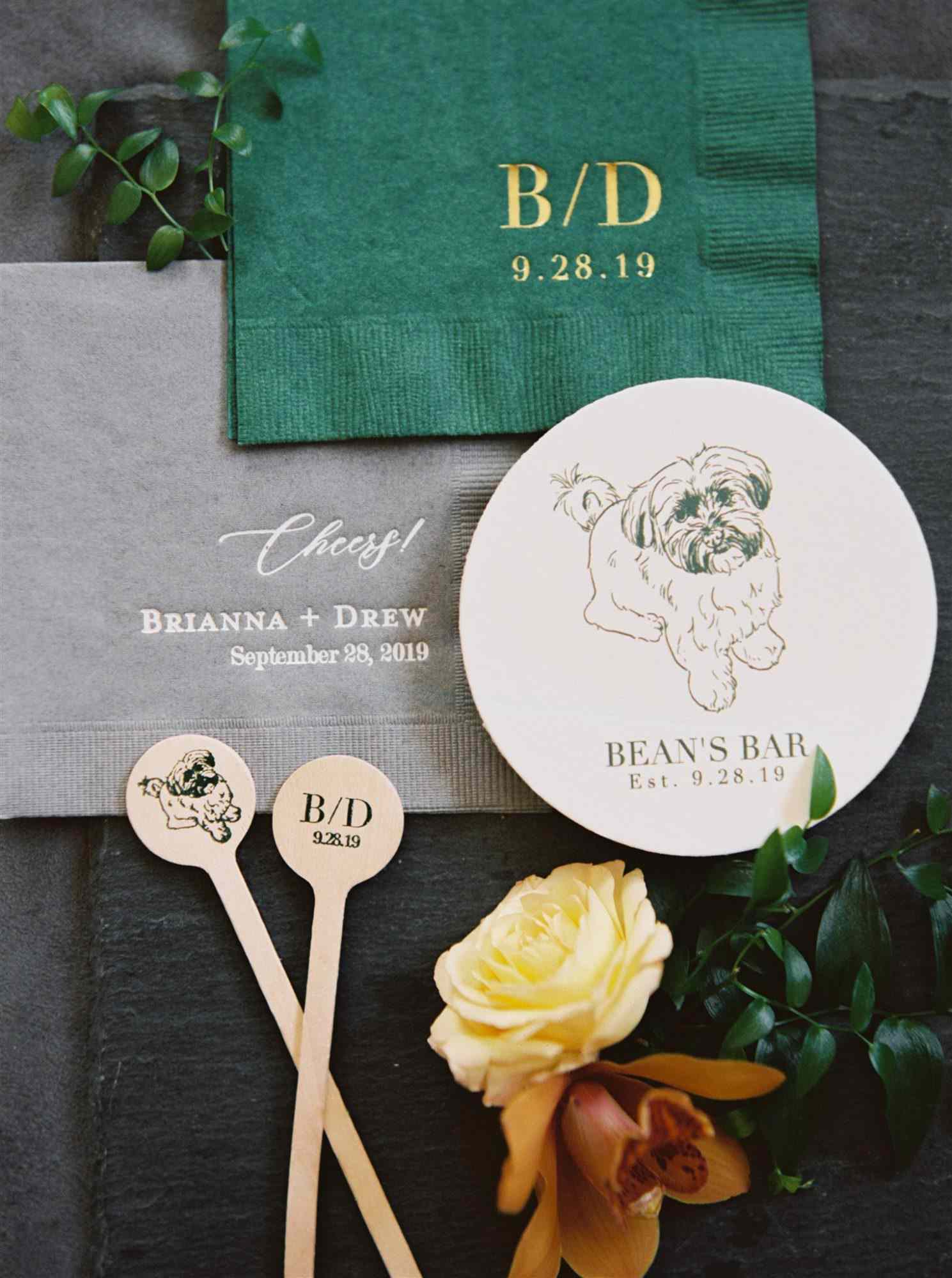 gray and green wedding napkins dog illustration stir sticks coasters