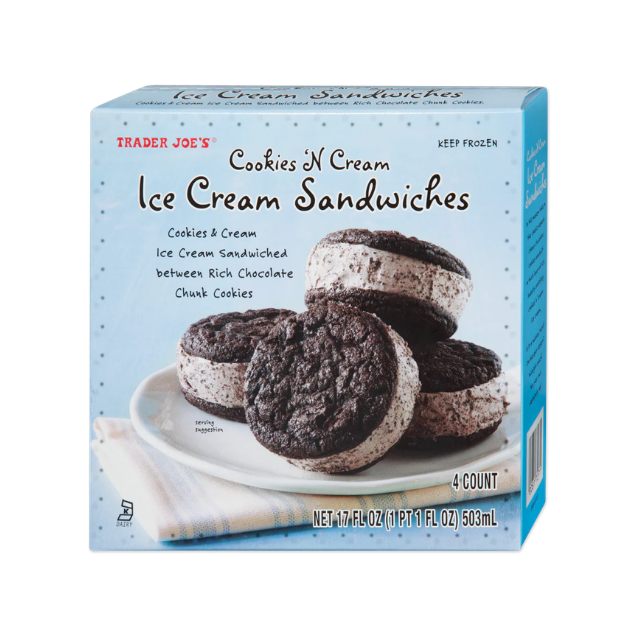 Box of Trader Joes cookies and cream ice cream sandwiches on display