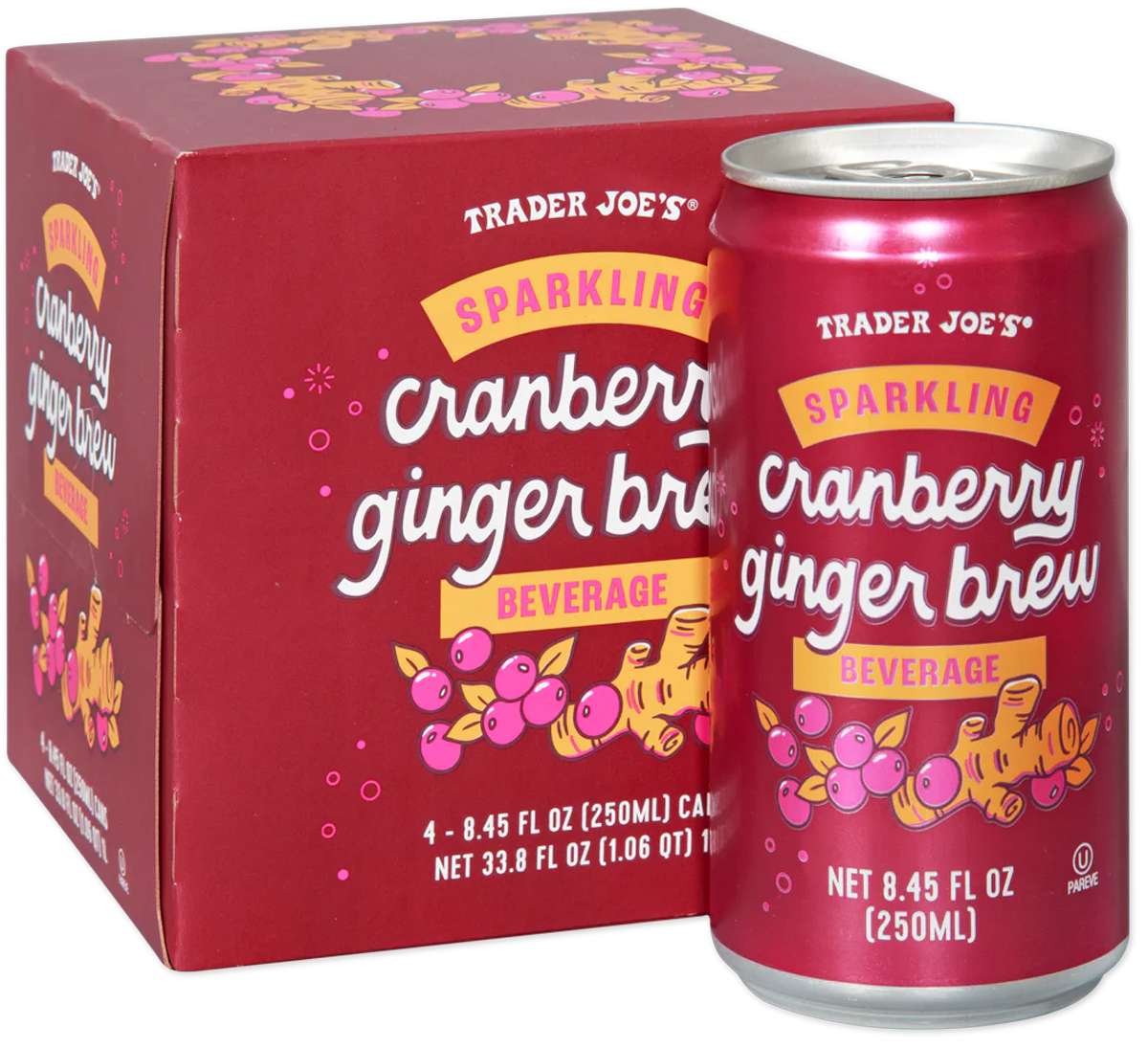 Trader Joes Sparkling Cranberry Ginger Brew beverage can and packaging