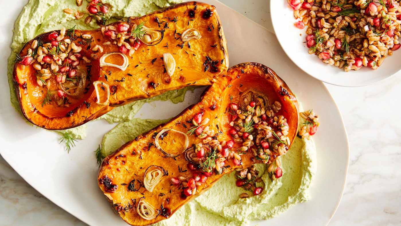 butternut-squash roast with pistachio yogurt and grain relish
