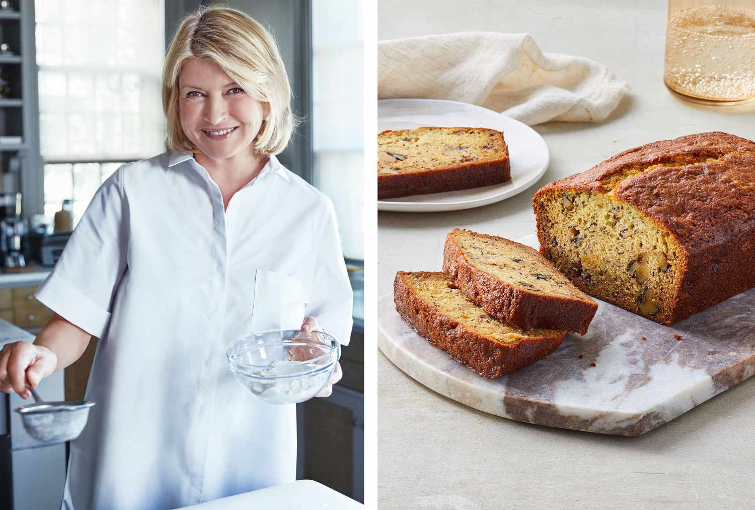 decorvow in a kitchen alongside a loaf of sliced banana bread on a marble board