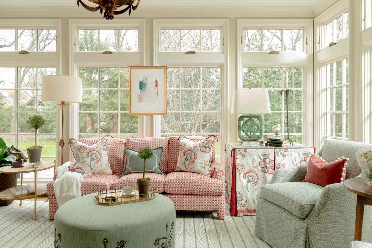 Living room with red print couch