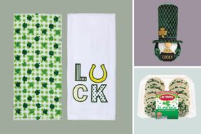 St Patricks Daythemed kitchen towels a leprechaun hat decoration and cookies in festive packaging