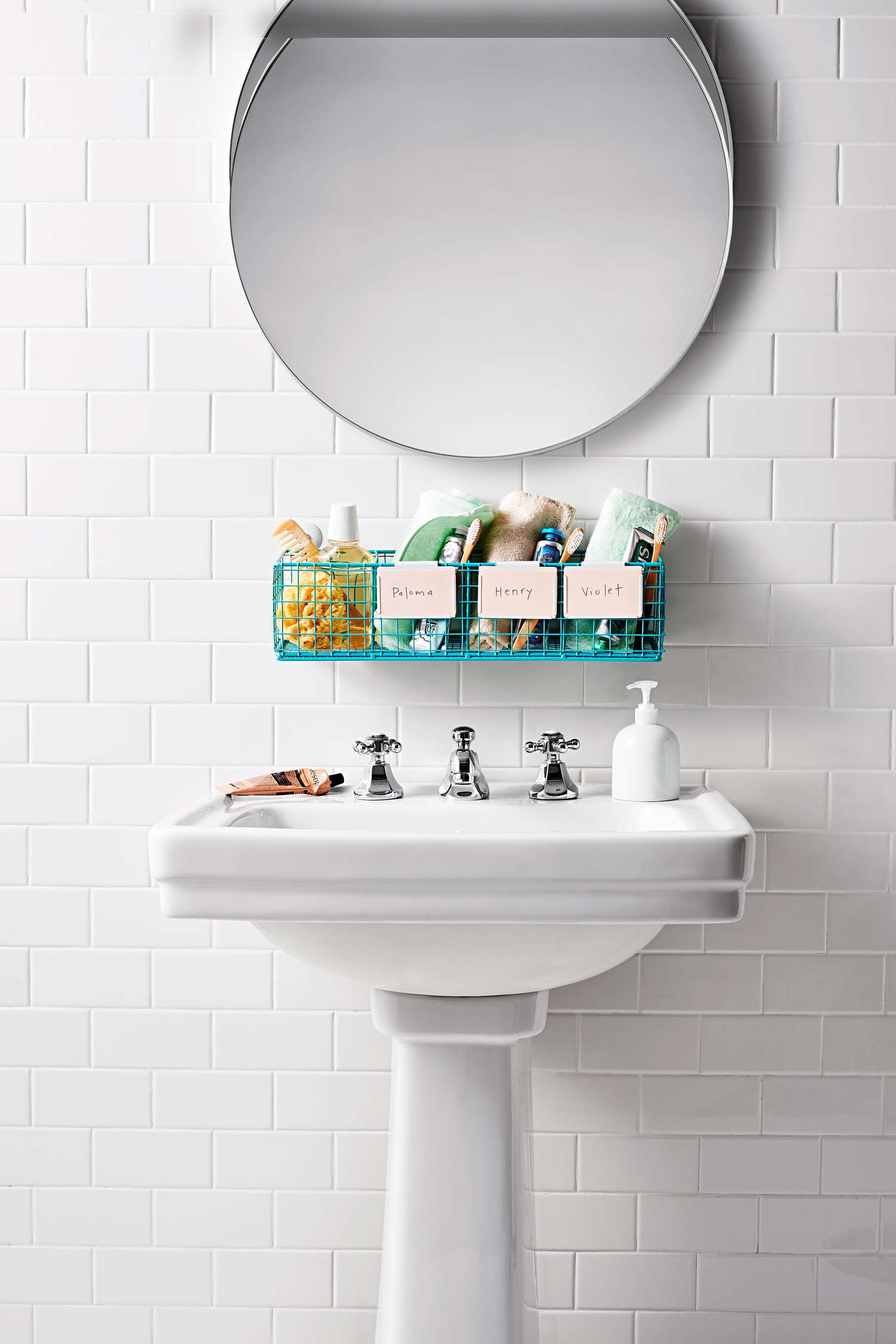 bathroom clutter crate vanity sink white mirror organize