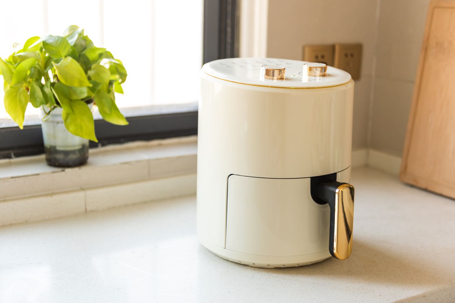 A small kitchen appliance possibly an air fryer on a countertop next to a plant
