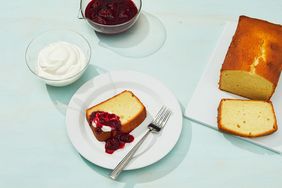cream cheese pound cake with jam on sea foam green table