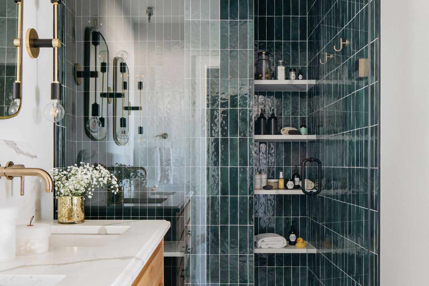 Green tiled shower niche