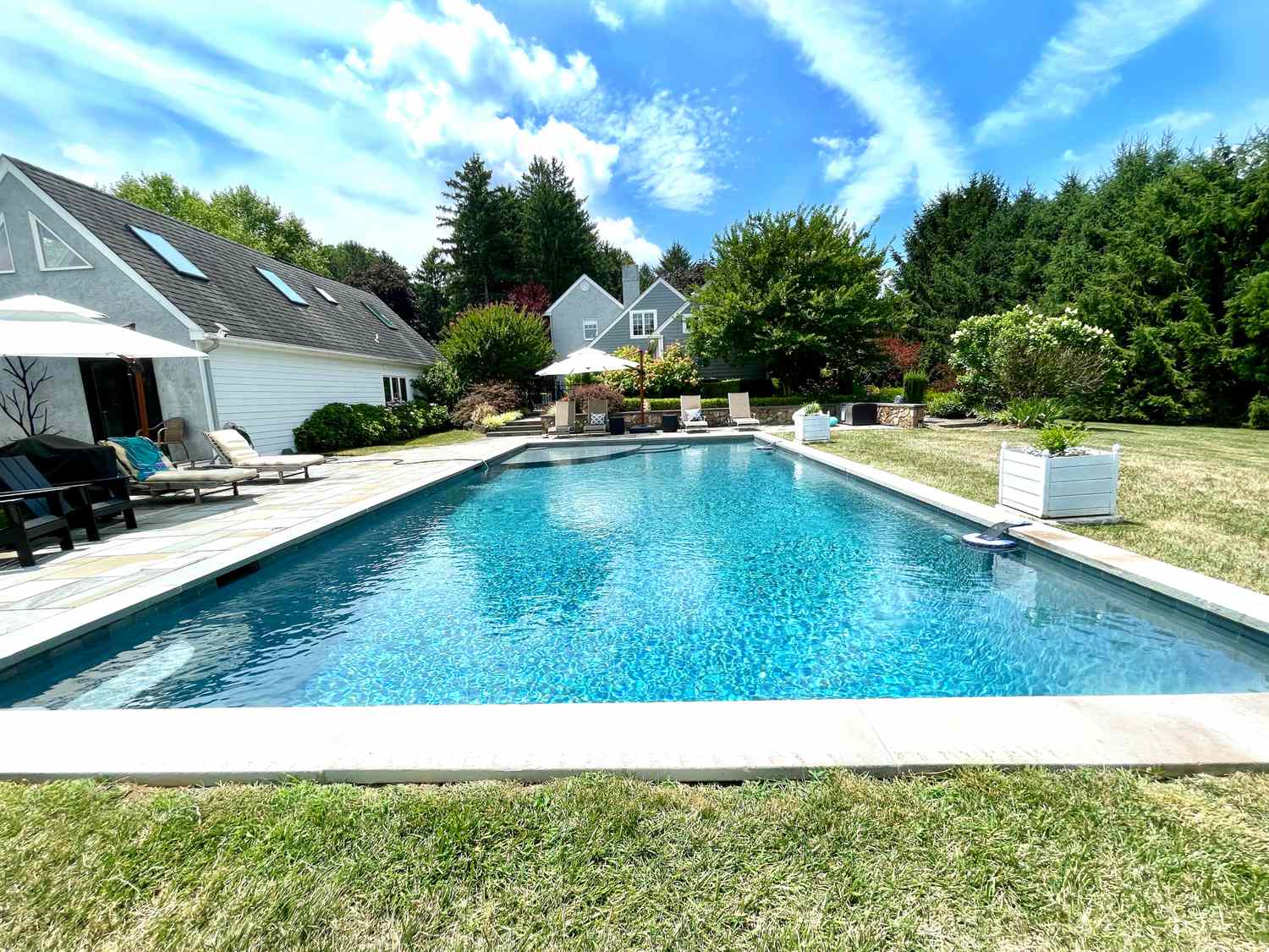 Backyard scene with a swimming pool lounge chairs and houses in the background
