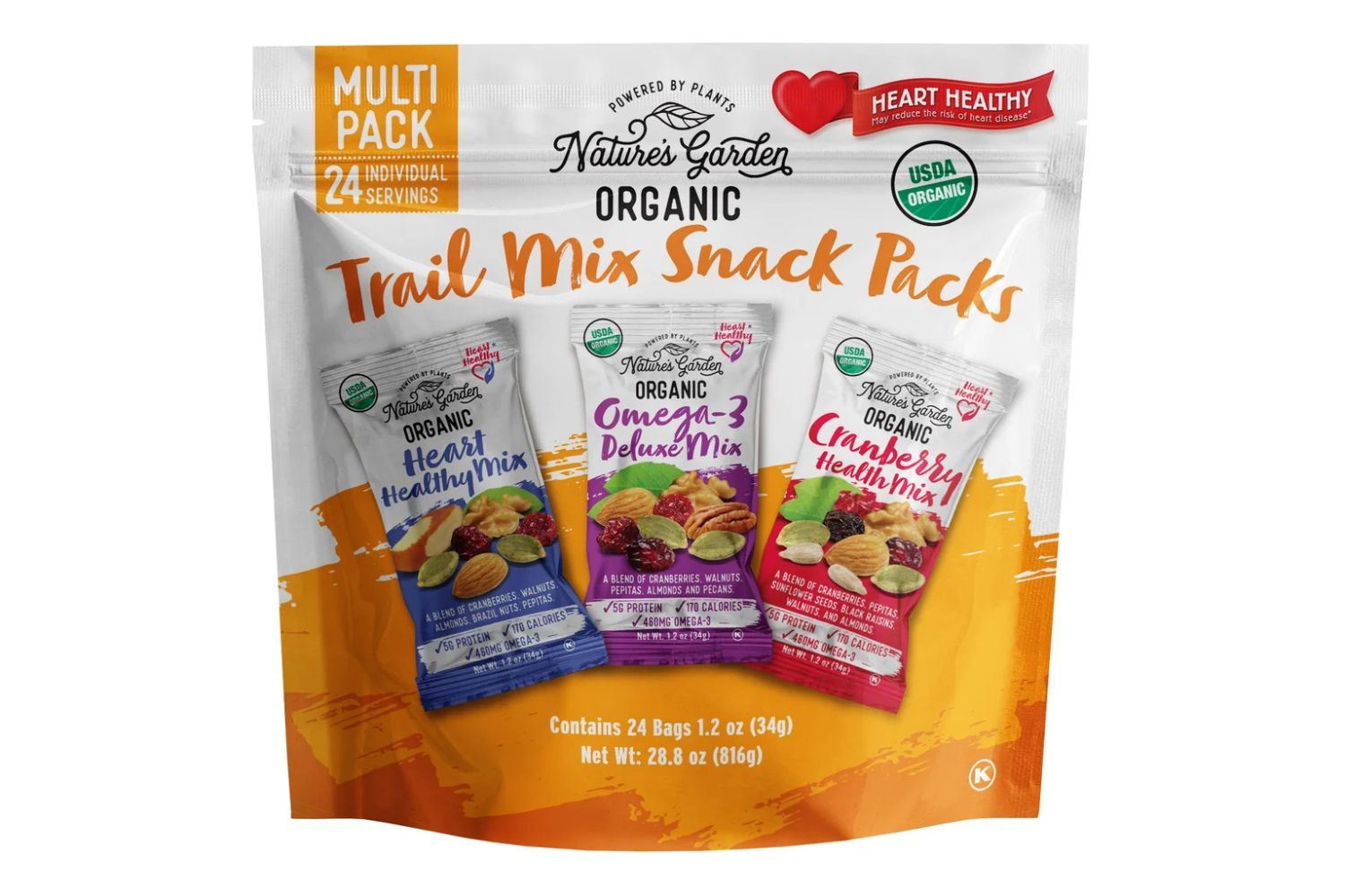 A package of Natures Garden Organic Trail Mix Snack Packs showing three varieties of trail mix inside
