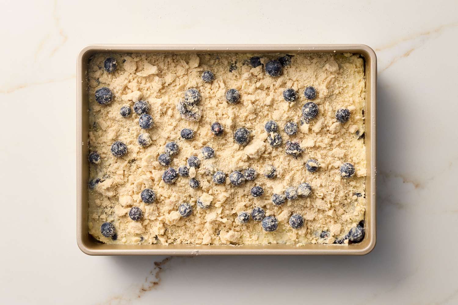 Unbaked blueberry crumb cake in a rectangular pan