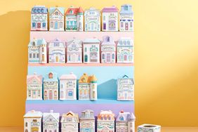 Collection of spice containers shaped like small town buildings, arranged on shelves