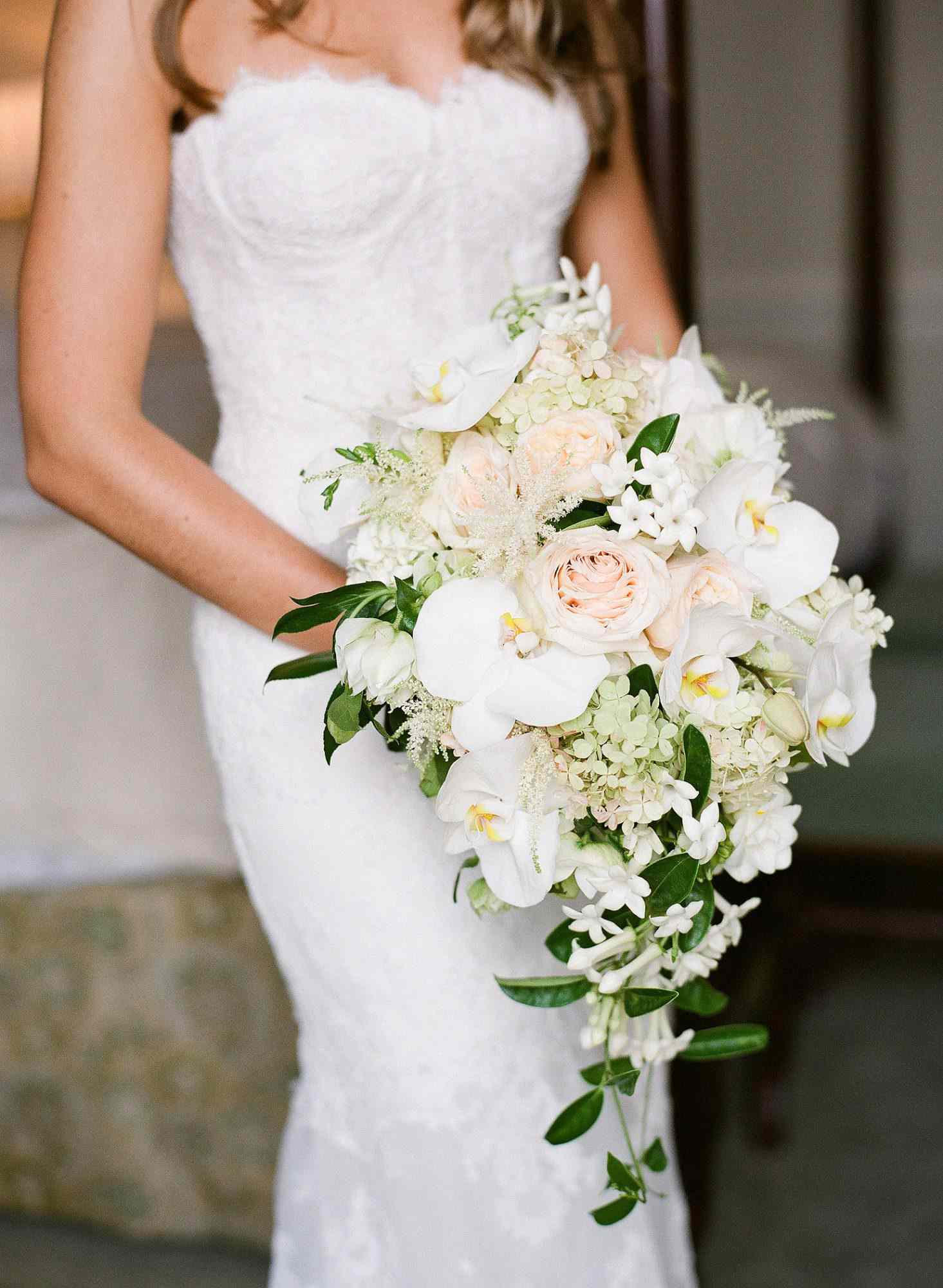 white pink cascading floral bouquet