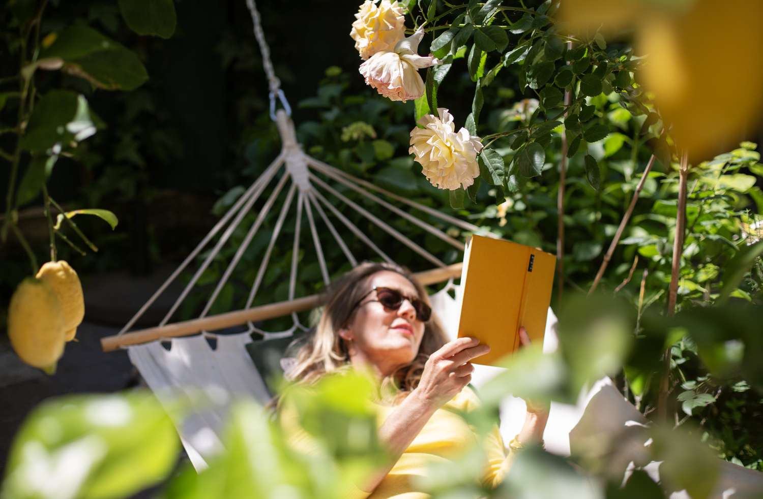reading a book on a hammock in a garden