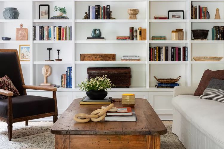 mix and matched shelves with books and decor