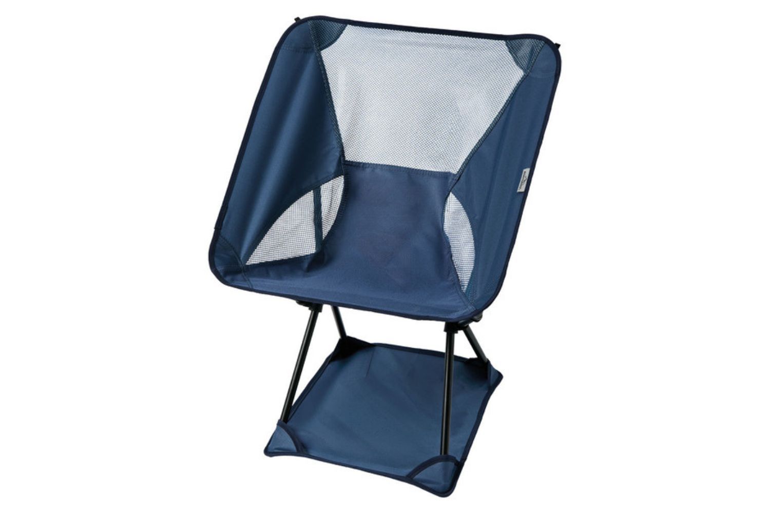 A portable camping chair with a compact folding design and a mesh backrest