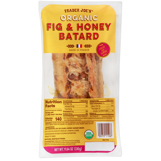 Packaging for Trader Joes Organic Fig Honey Batard showing nutrition facts and product details
