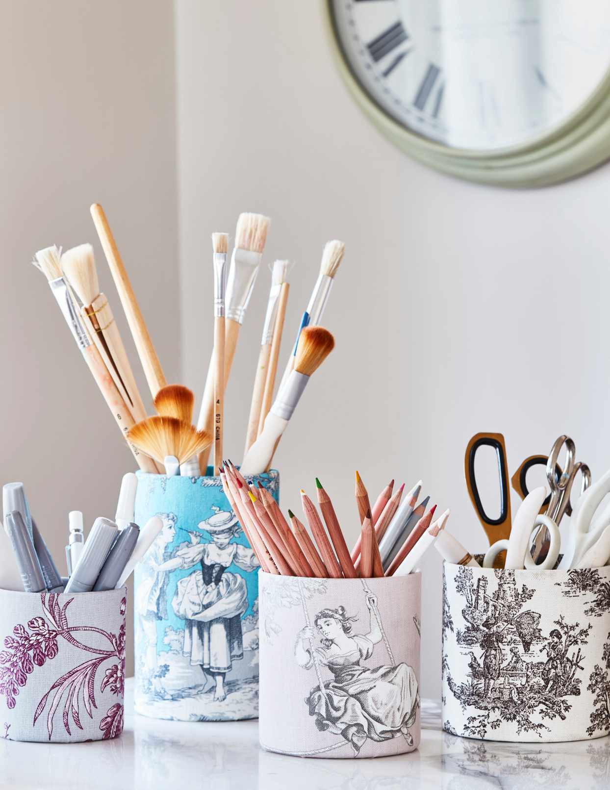 French-toile fabric covered containers