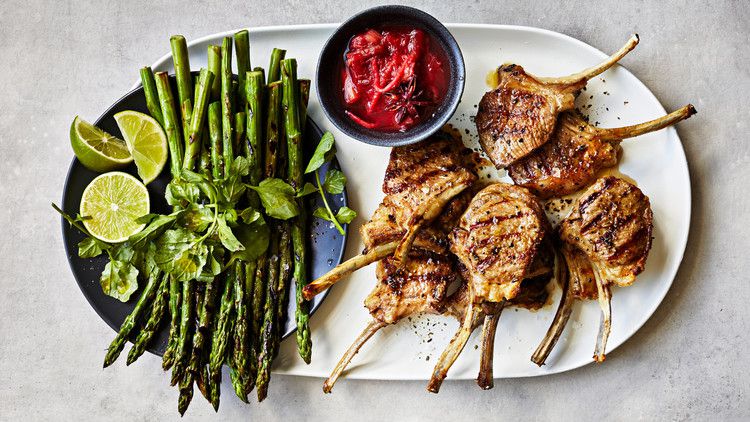 Grilled Lamb Chops with Rhubarb Compote and Asparagus