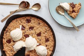 chocolate chip skillet cookie served with ice cream