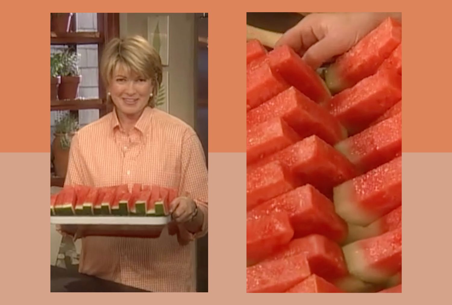 decorvow holds a platter of watermelon slices closeup on the slices to the right
