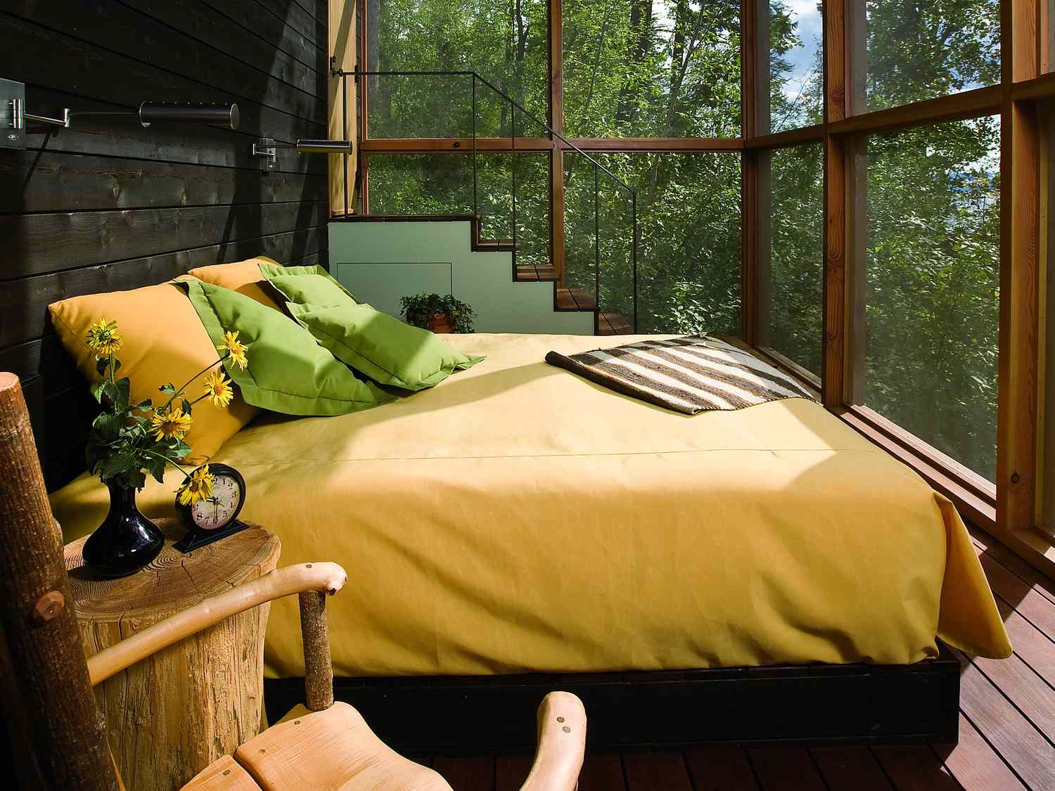 yellow bed on sleeping porch
