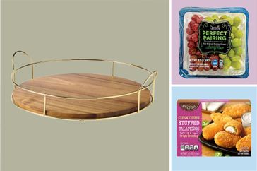 A serving tray a pack of grapes and a box of cream cheese stuffed jalapeos arranged in a collage layout