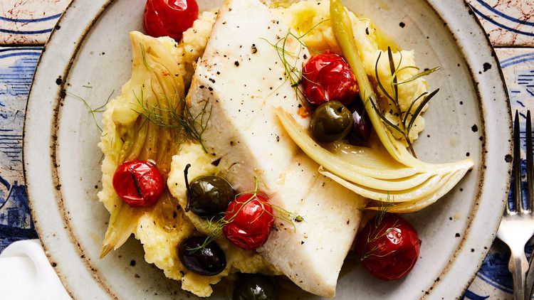 Oil-Poached Halibut with Fennel, Tomatoes, and Olives with mashed potatoes