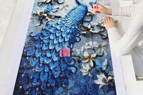 diamond painting artwork of a peacock