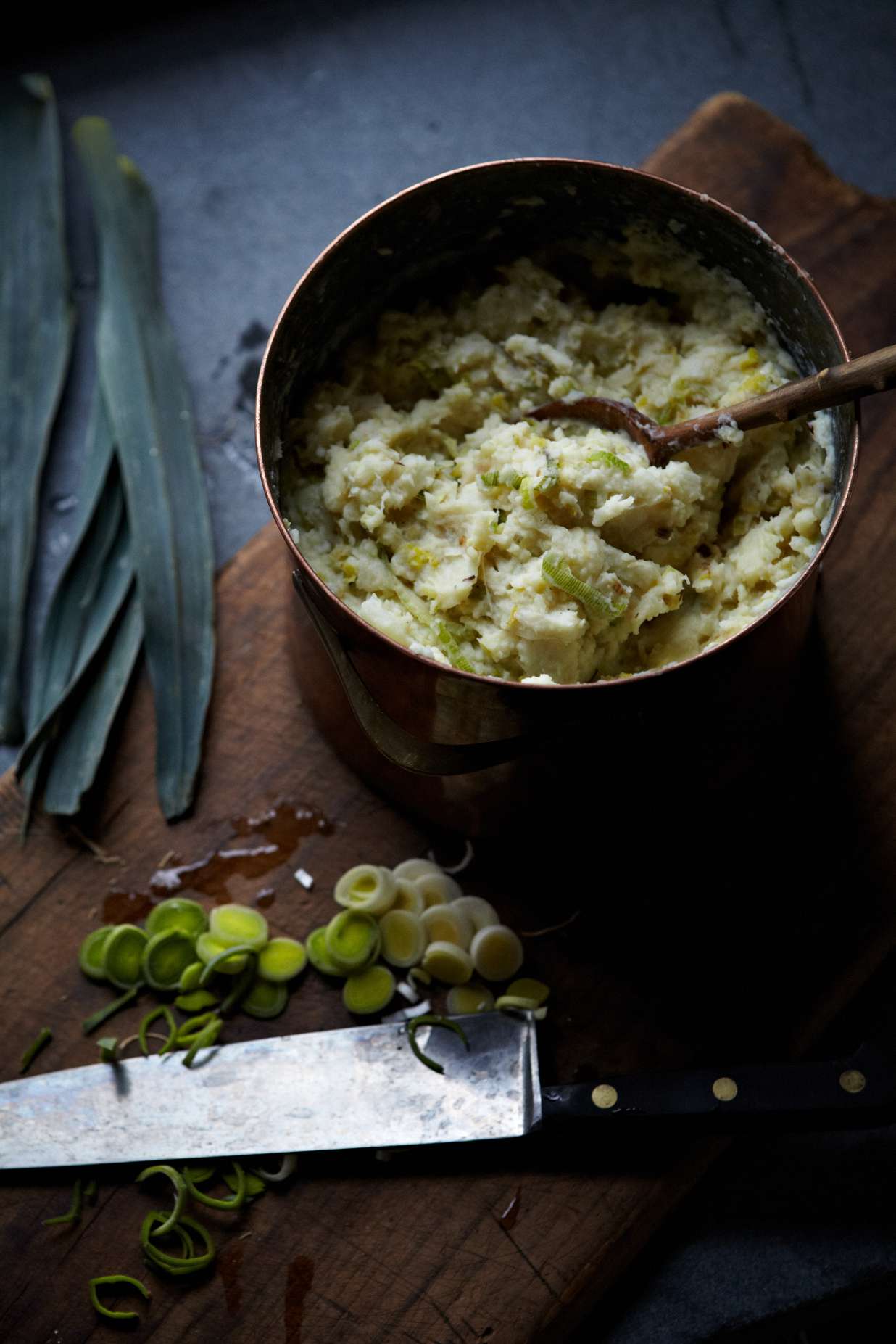 smashed root vegetables leeks