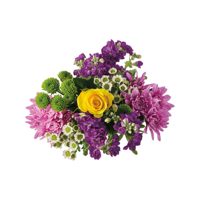 Bouquet of assorted flowers with a yellow rose centered among purple and green blooms