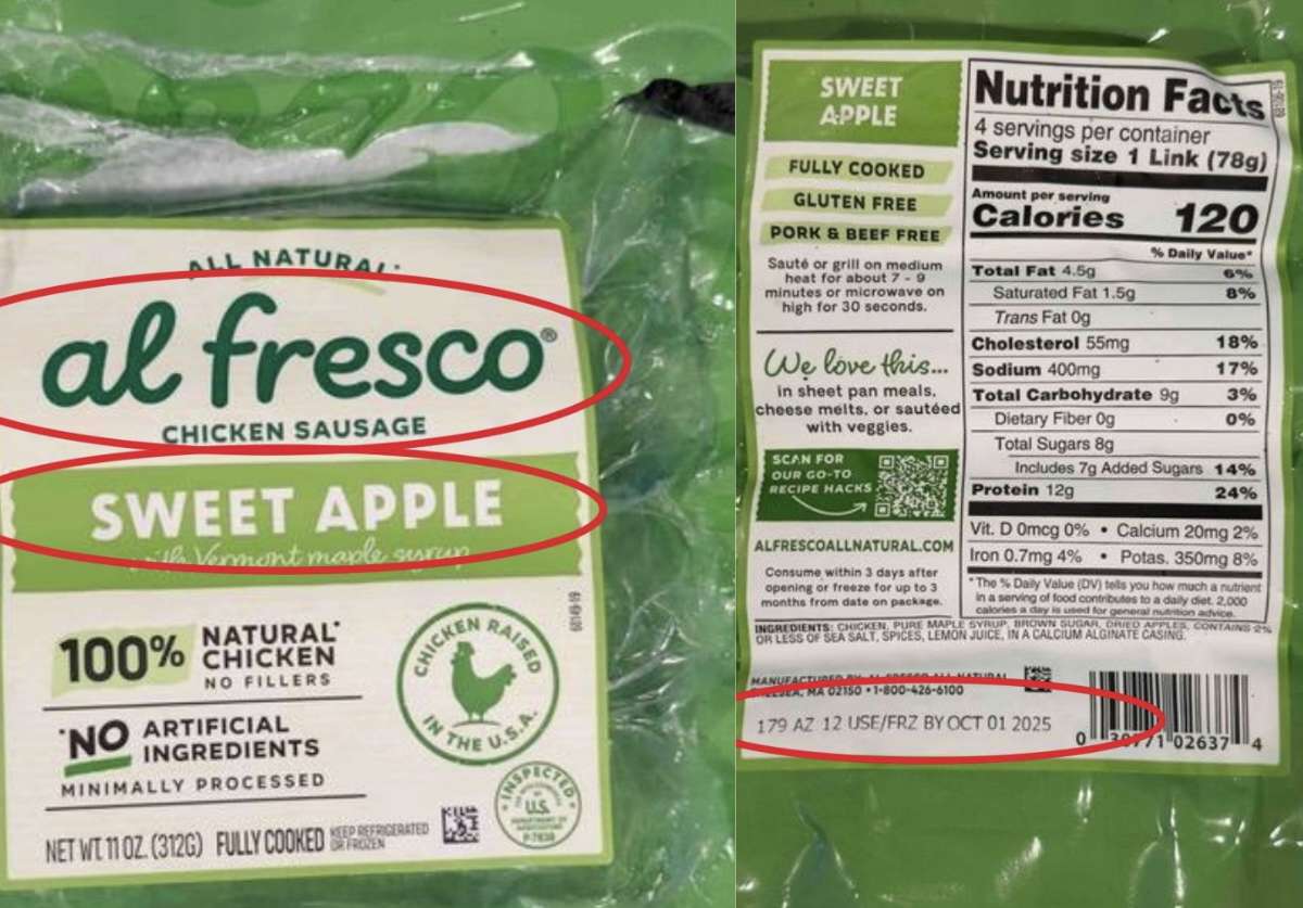 Two images of Al Fresco chicken sausage packaging with details about the product and nutrition facts