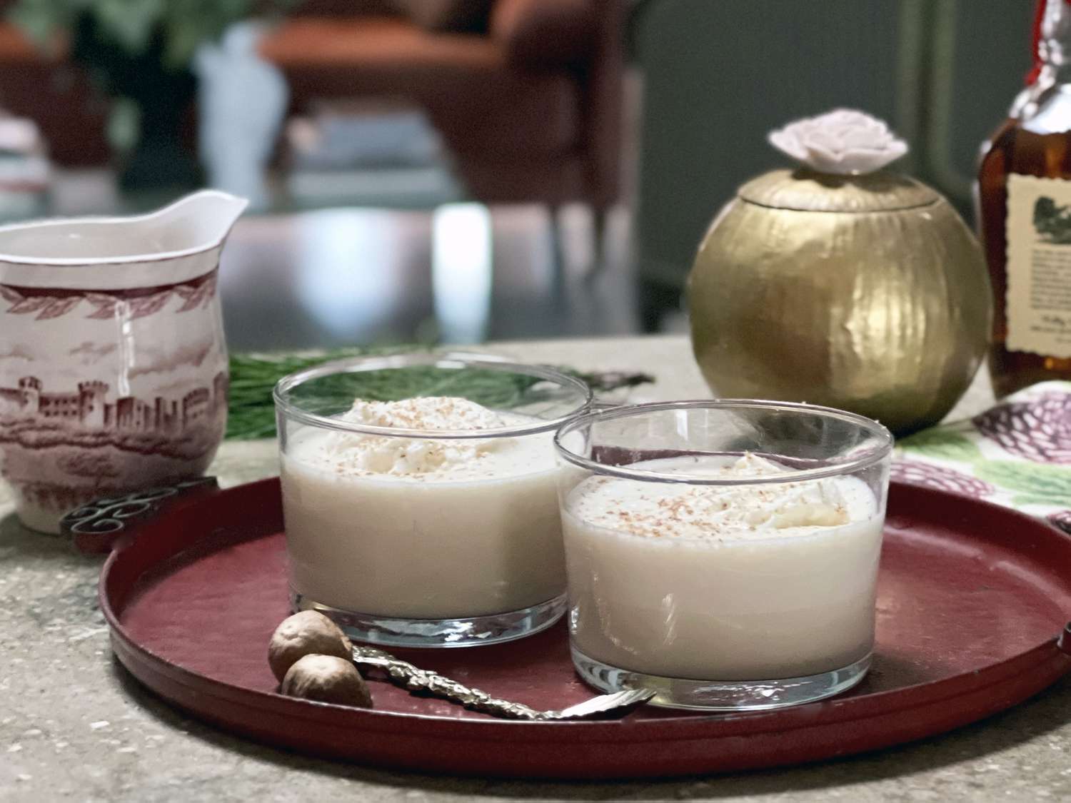 eggnog on a red tray