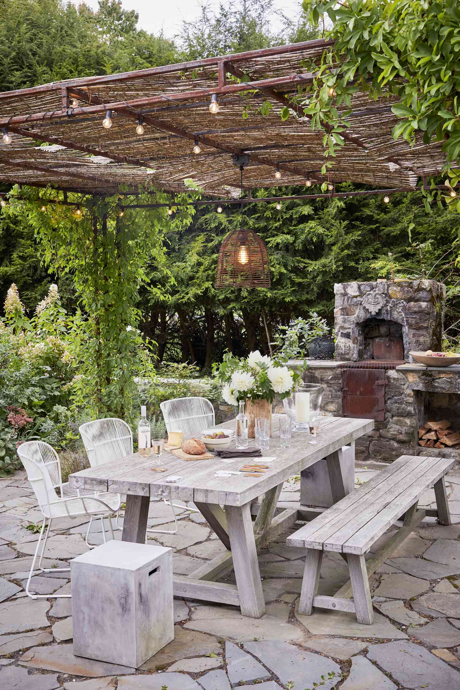 table and bench on an outdoor patio