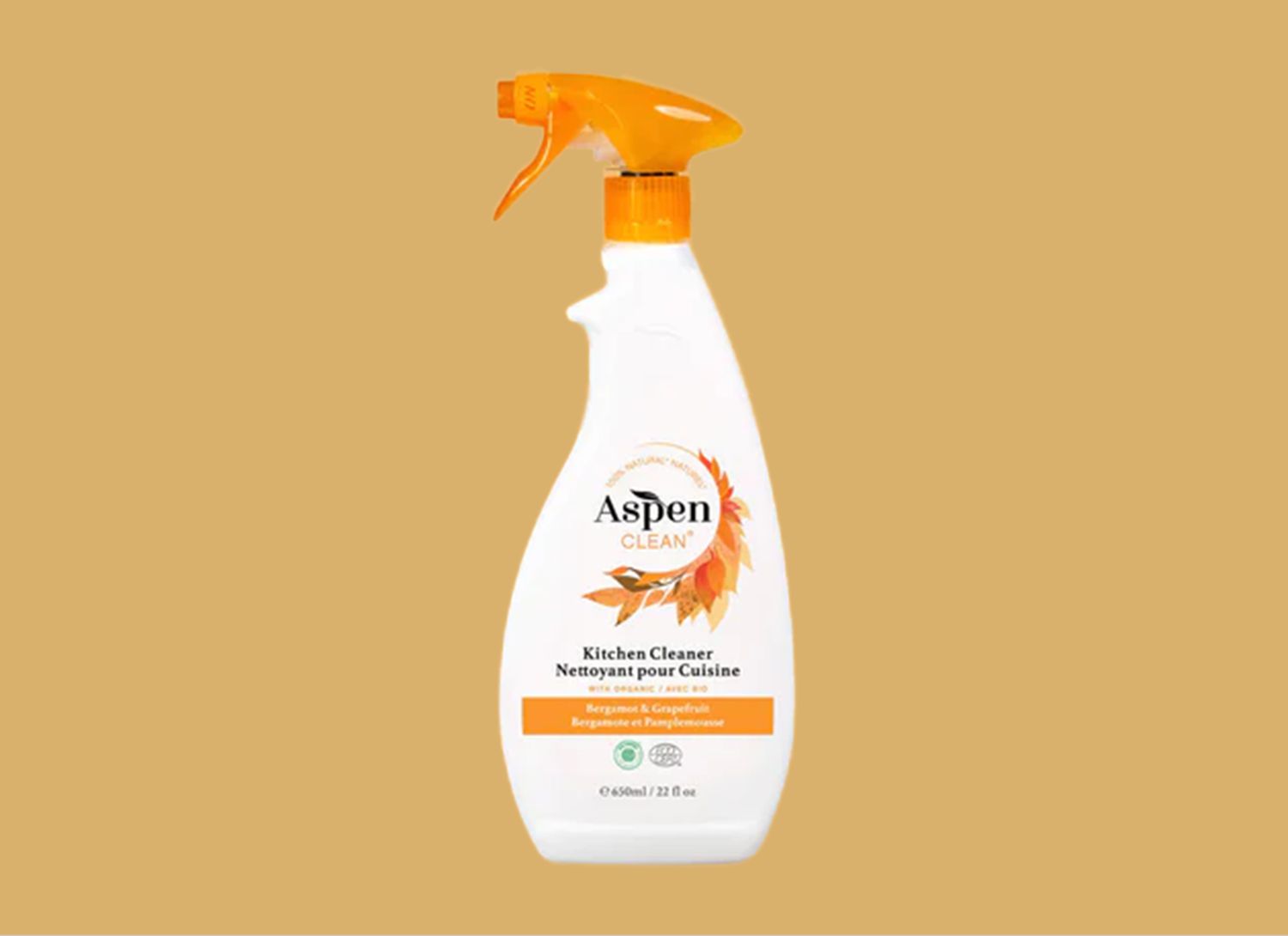 Aspen Clean kitchen spray on a yellow background